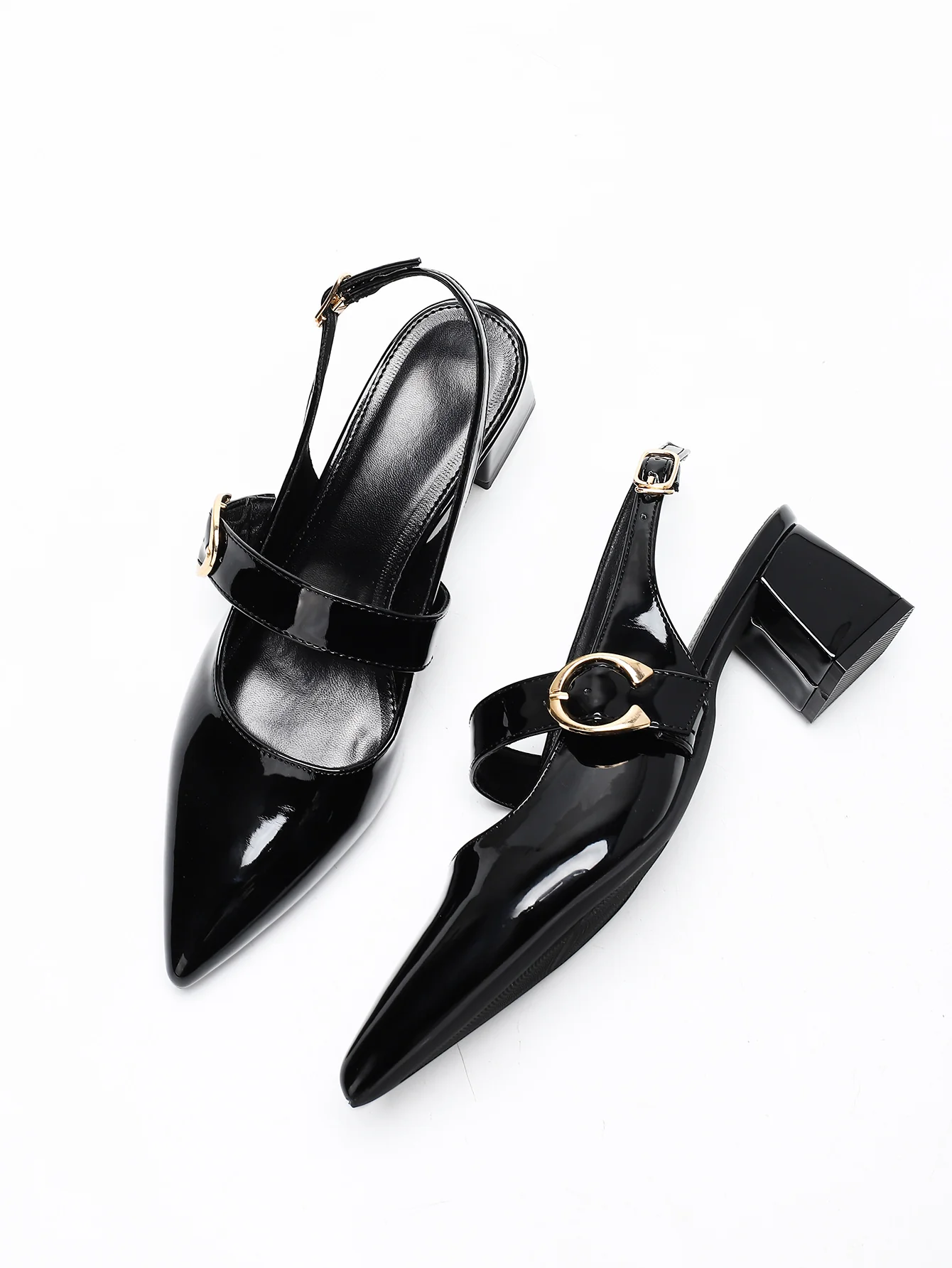 Metal Buckle Pointed Toe Open Back Chunky Heel Mary Jane Shoes - Image 14