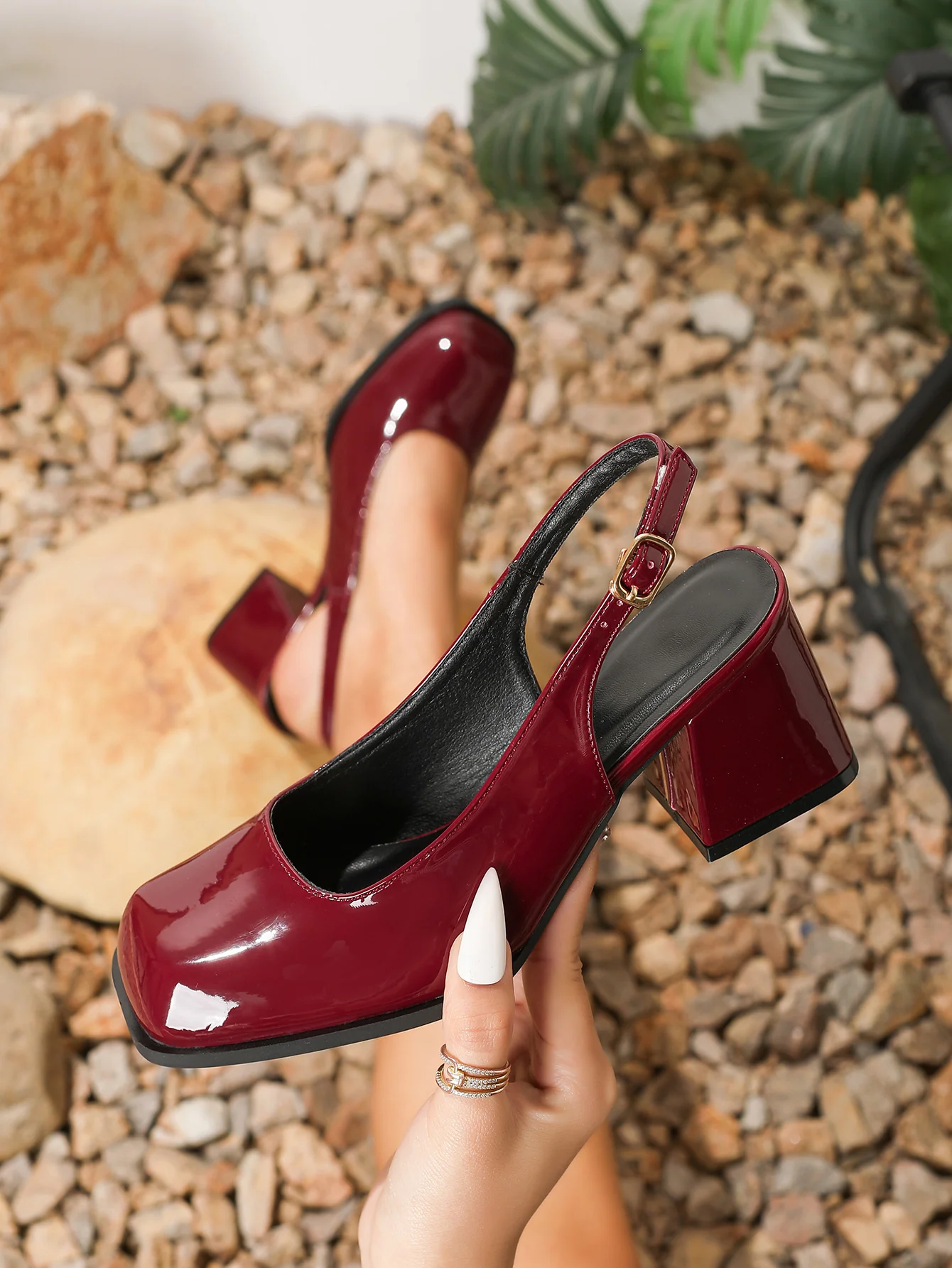 Square-toe Open-back Chunky Heel High Heels - Image 6