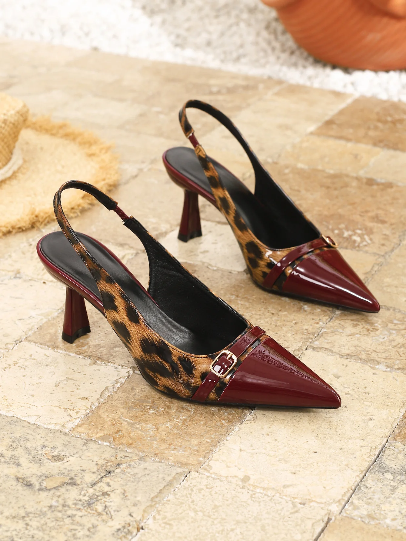 Pointed-toe Leopard Print Patchwork Open-back High Heels - Image 4