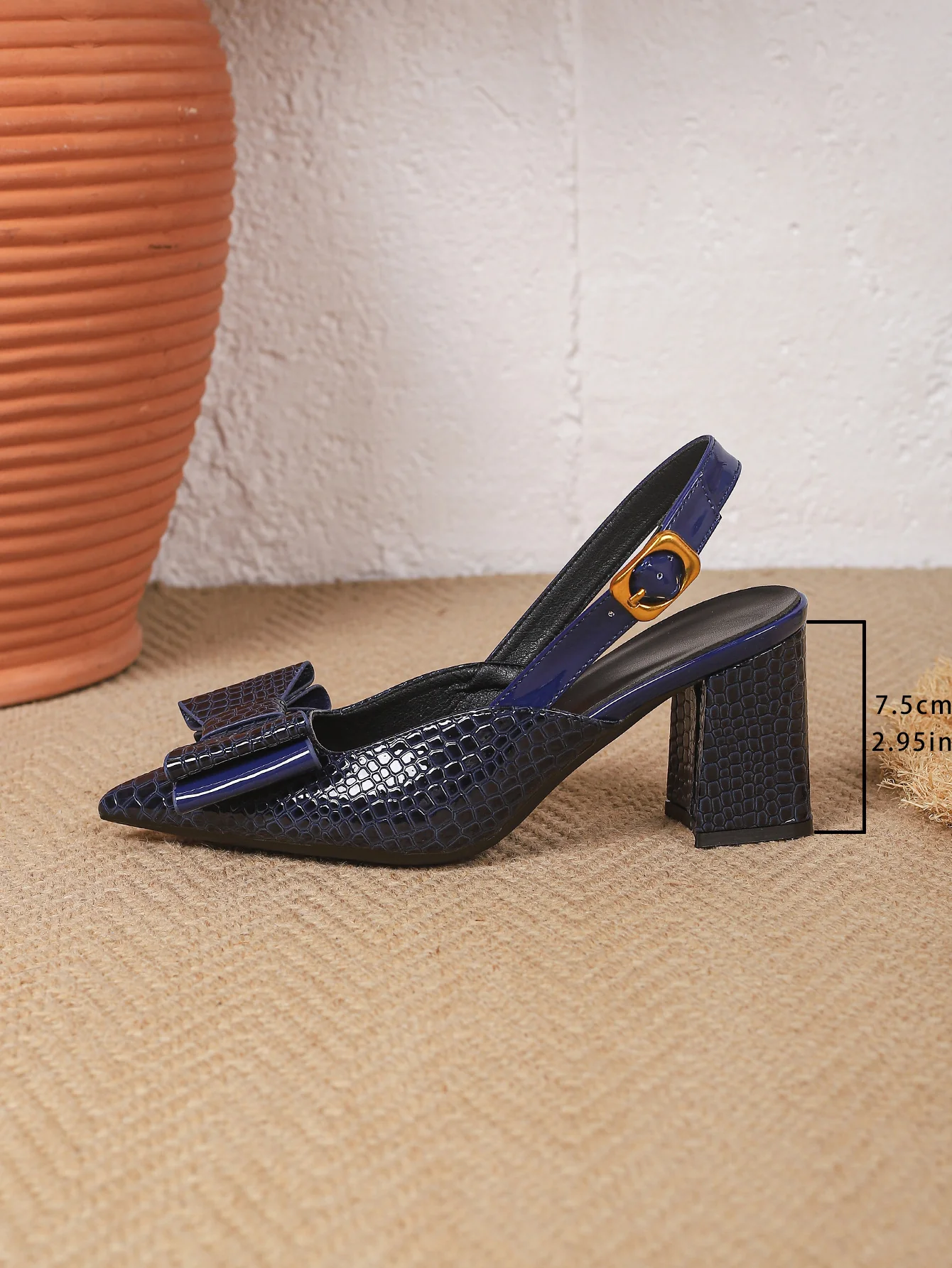 Bow-tie Pointed-toe Embossed Patchwork Open-back High Heels - Image 18