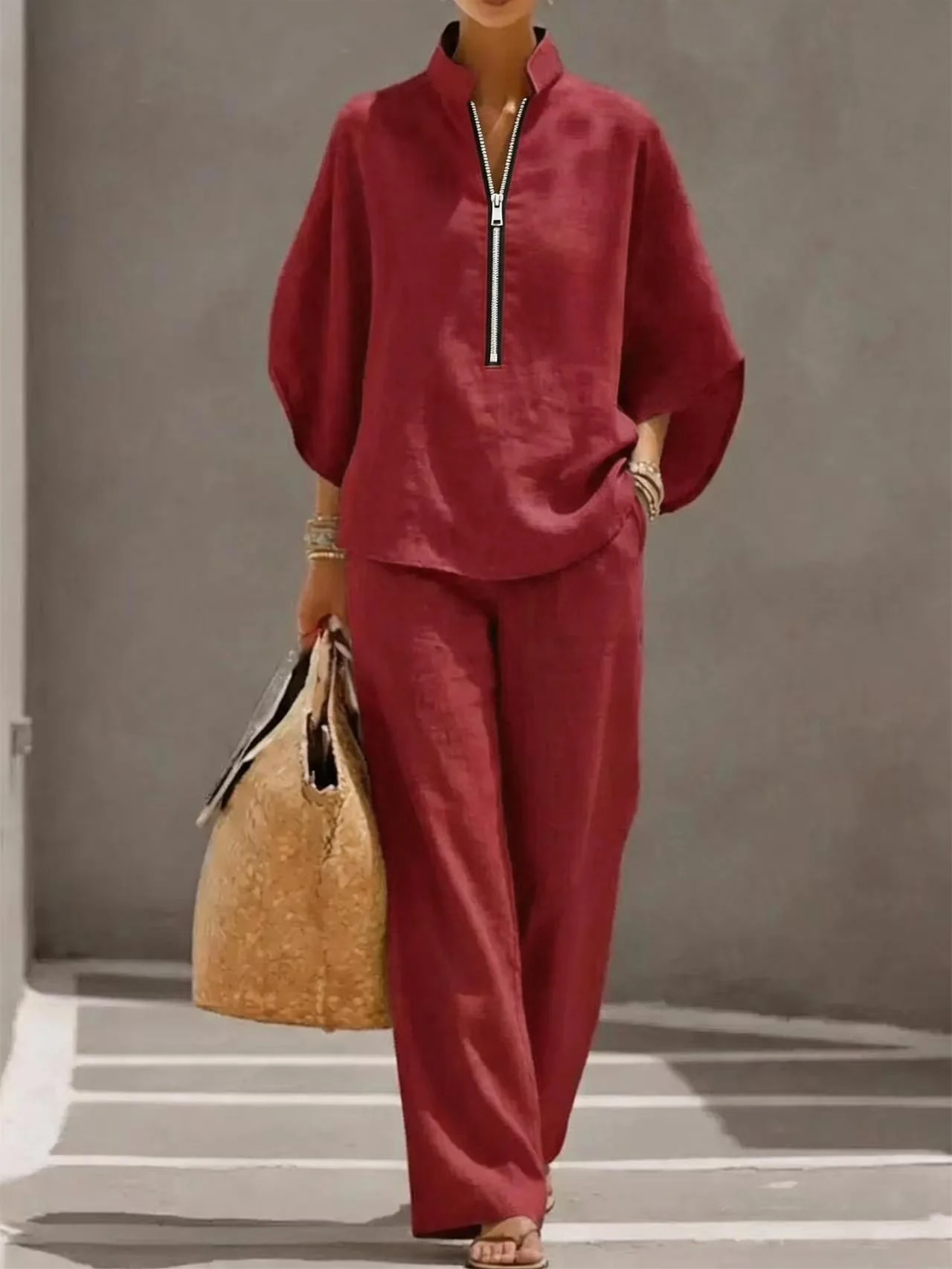 Solid Color Zipper Two-piece Set - Image 4